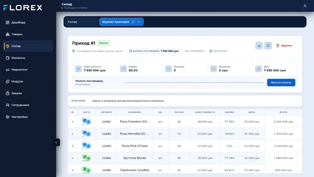Документ поступления цветов и упаковки в настоящем Back Office FLOREX